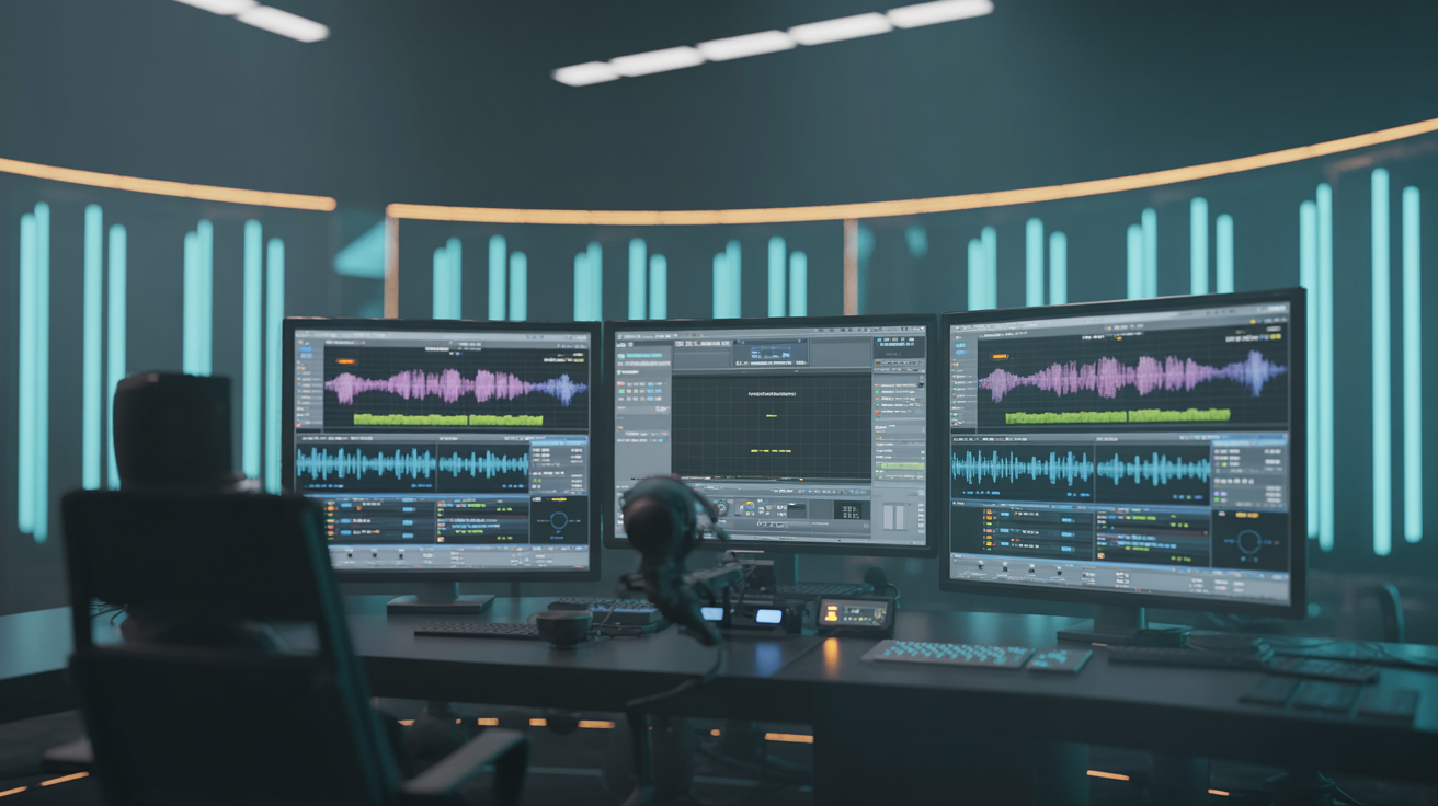 High-tech studio with screens showing audio waveforms and TTS processes.