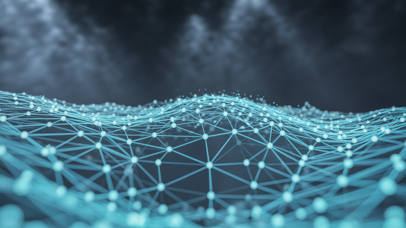 Glowing network with nodes and lines, dramatic lighting, volumetric fog.