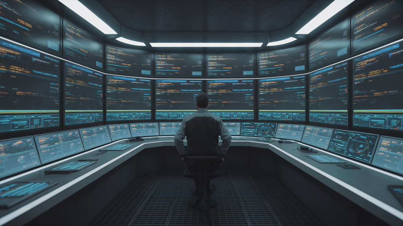 Digital chaos with overlapping data streams in a high-tech control room.