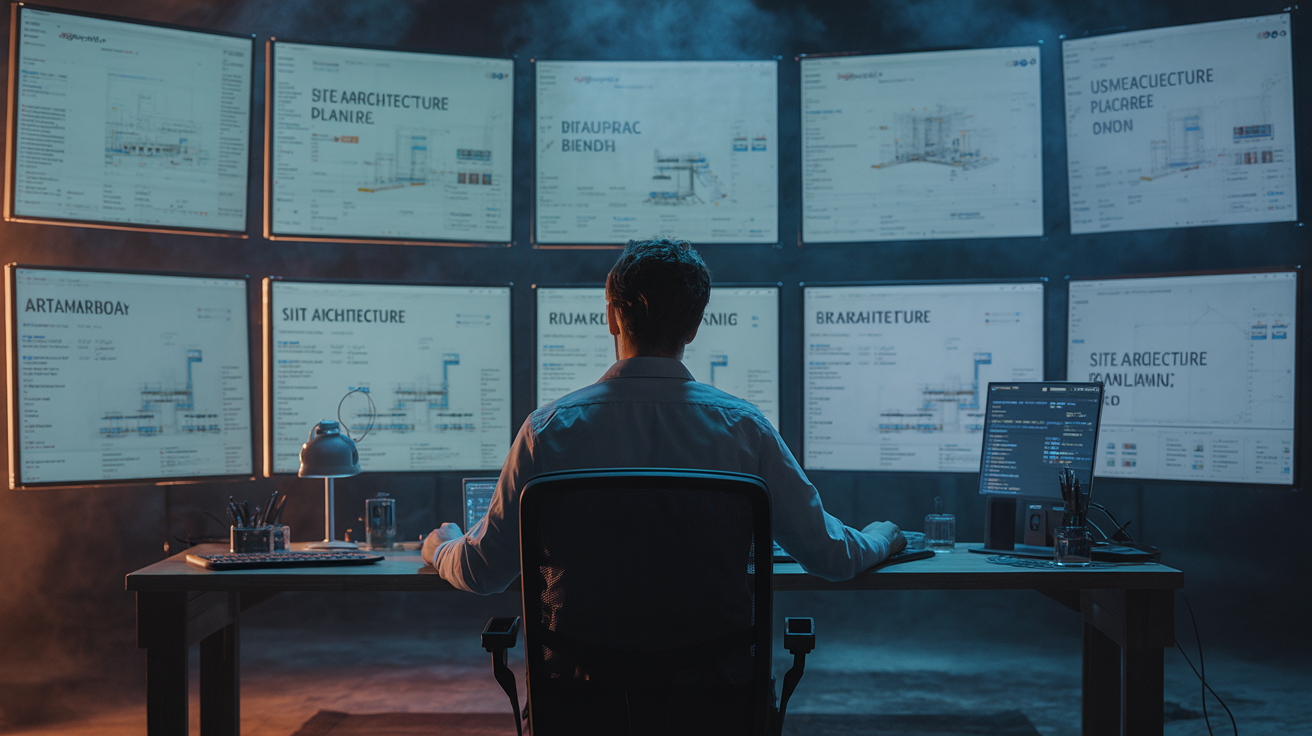 Digital architect working on site architecture with multiple screens in a dimly lit room.