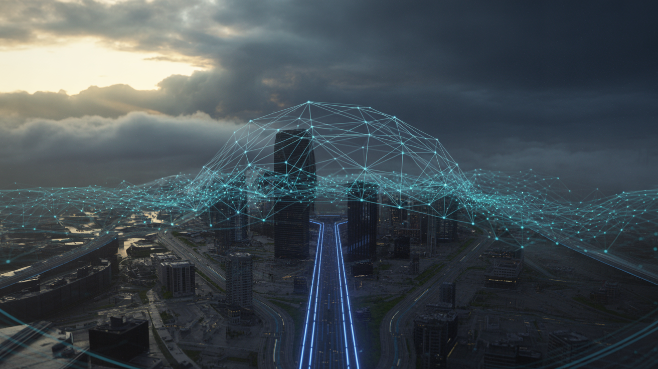 Futuristic cityscape with digital network overlay, dramatic lighting and fog.