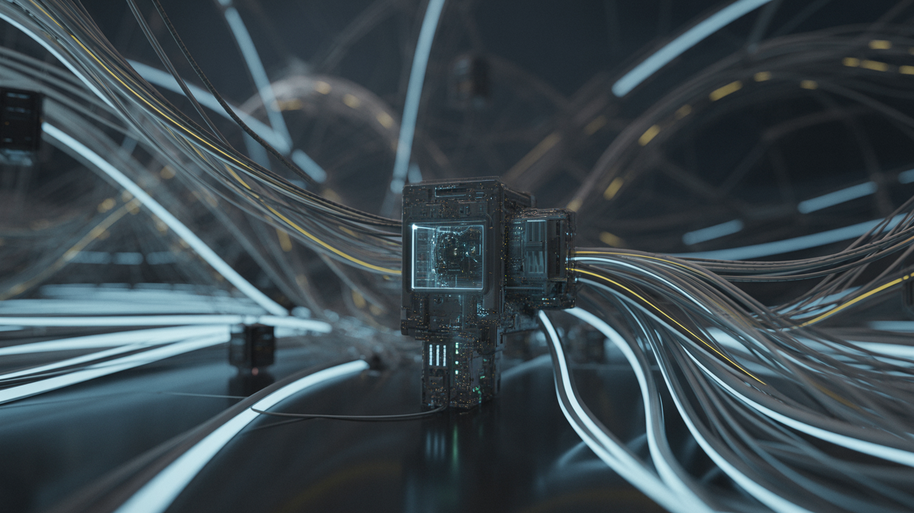 Digital network with interconnected nodes and data streams in dramatic lighting.