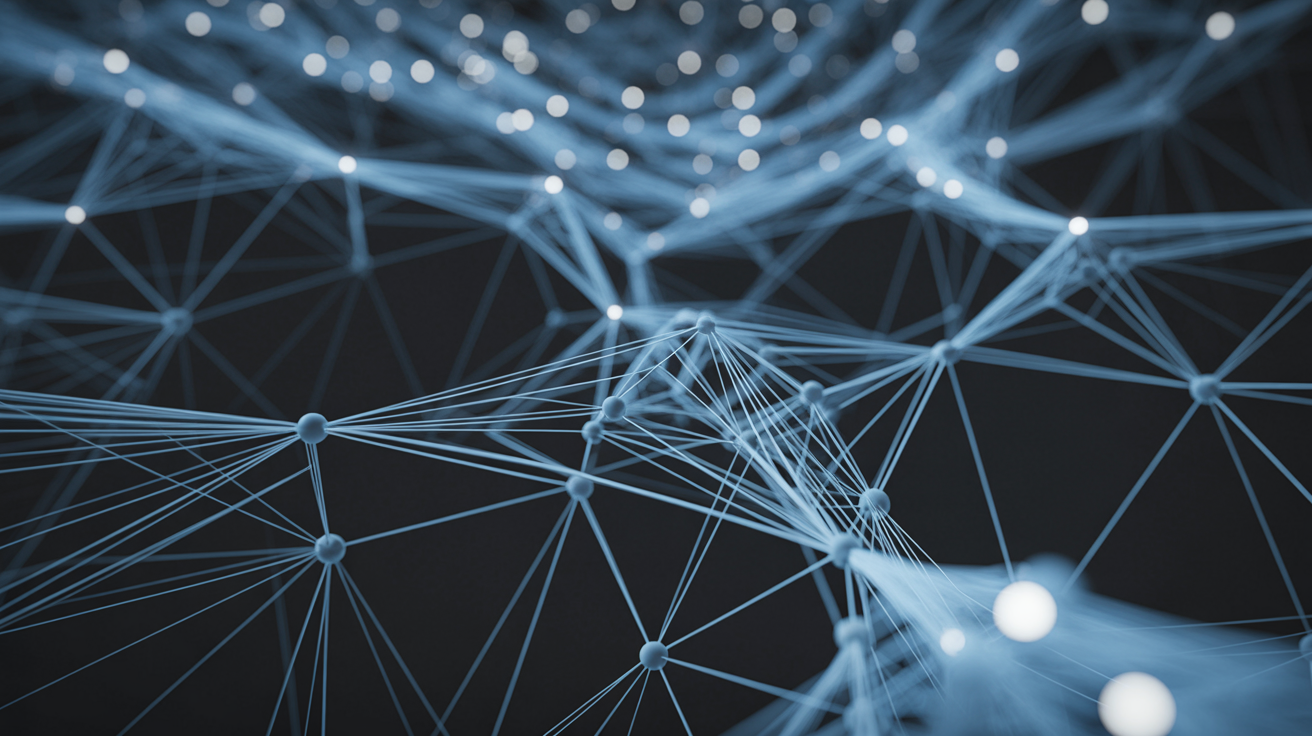 Interconnected digital nodes and lines in high-contrast, dramatic lighting.