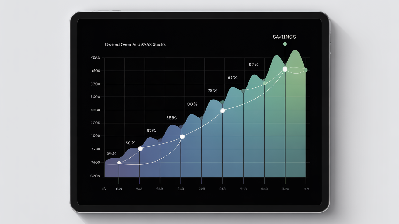 Tablet displaying graph of long-term savings from owned versus SaaS tools.