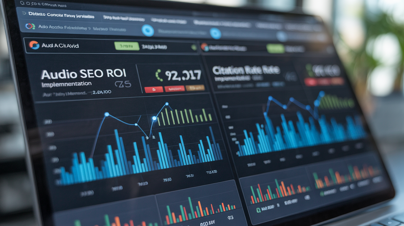 Digital screen comparing audio SEO ROI and citation rates.