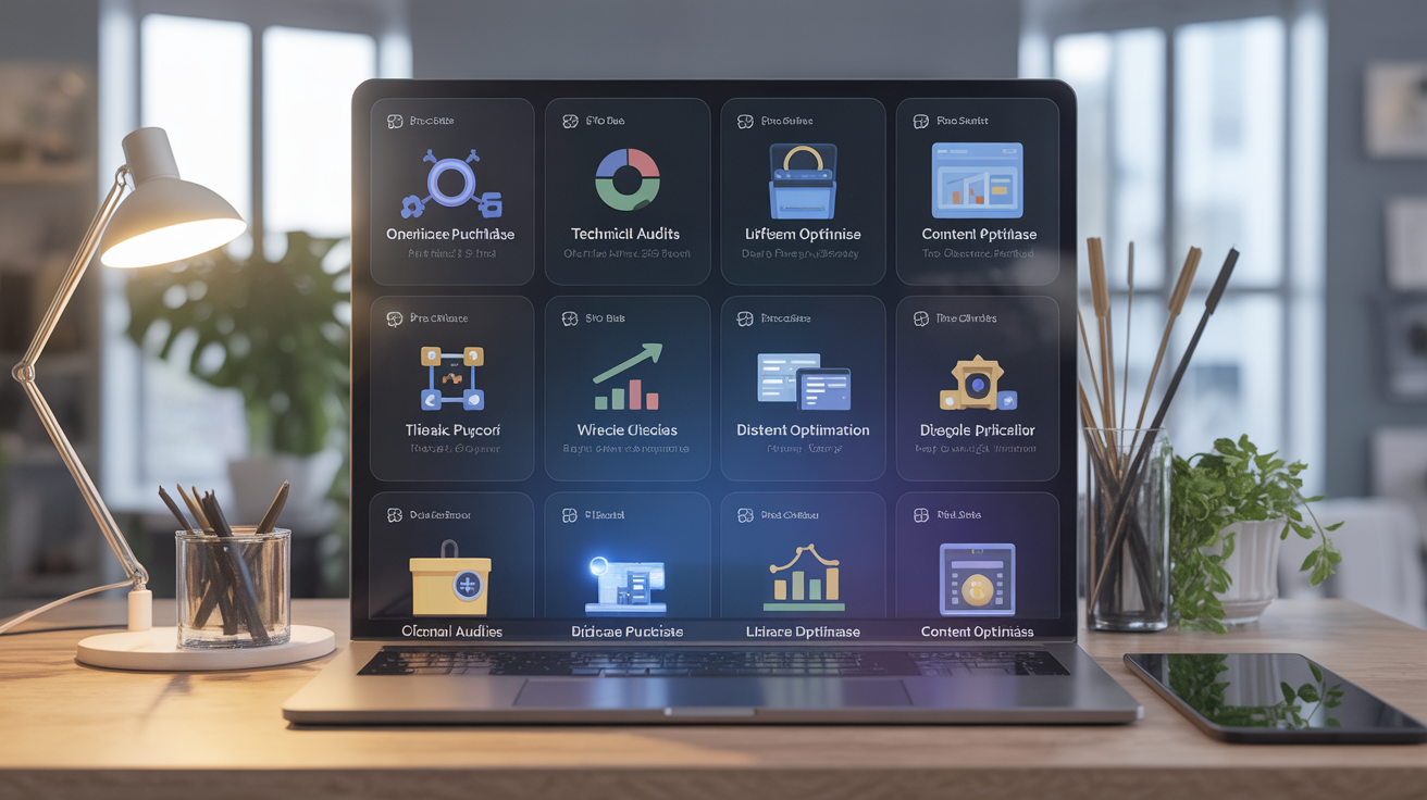 Digital workspace showing icons for various SEO tools with purchase options.