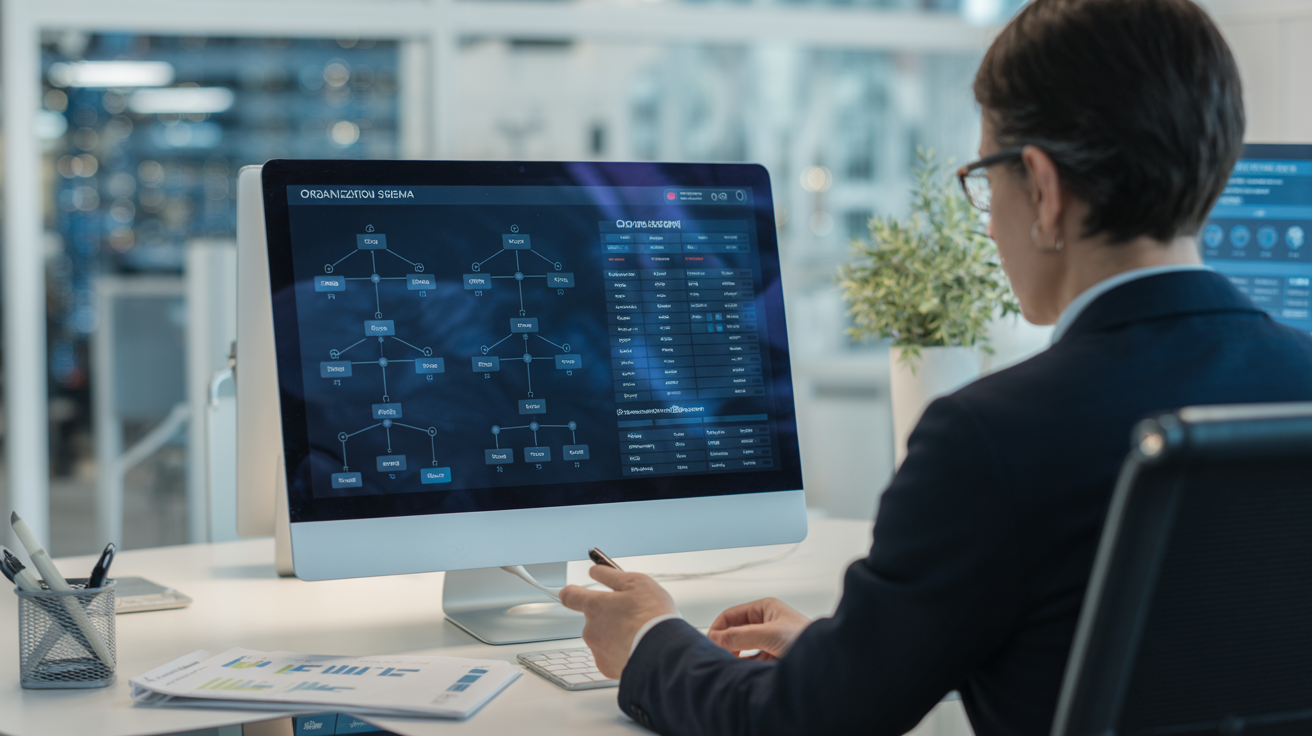Computer screen with organizational schema data in a business office.
