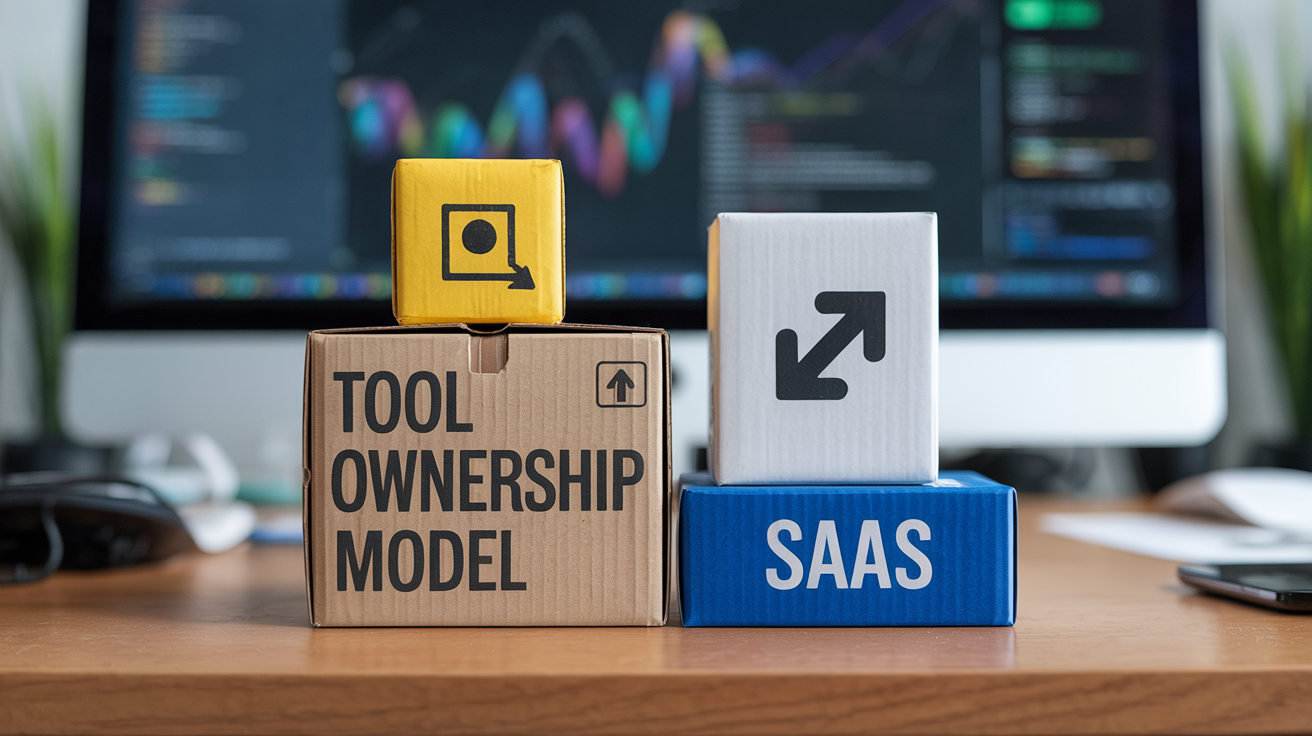 Desk with software boxes labeled tool ownership and SaaS, illustrating different purchase models.