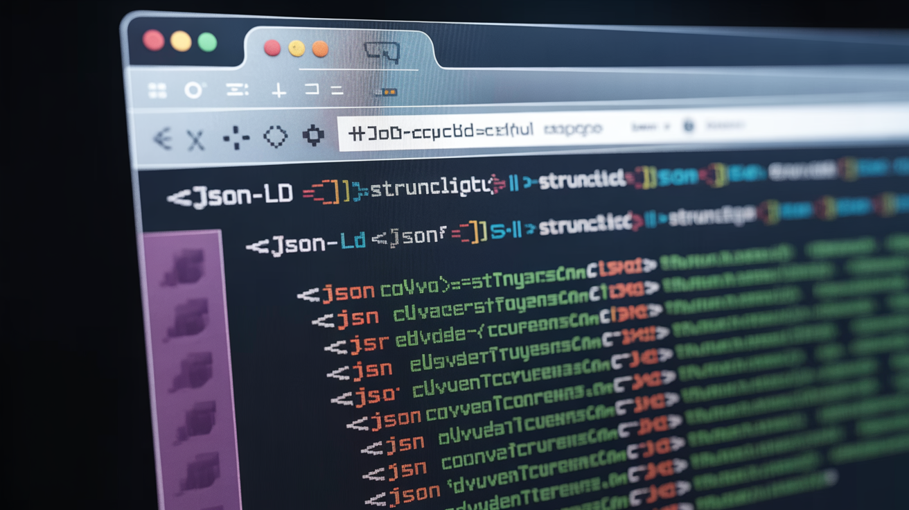 JSON script blocks in a web page layout with structured data symbols.