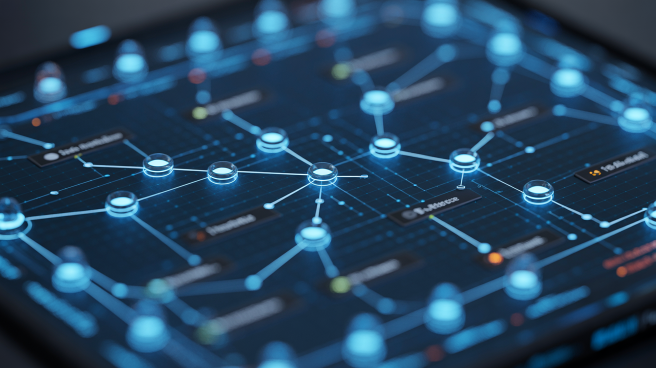 Digital map of entity relationships with nodes and lines.